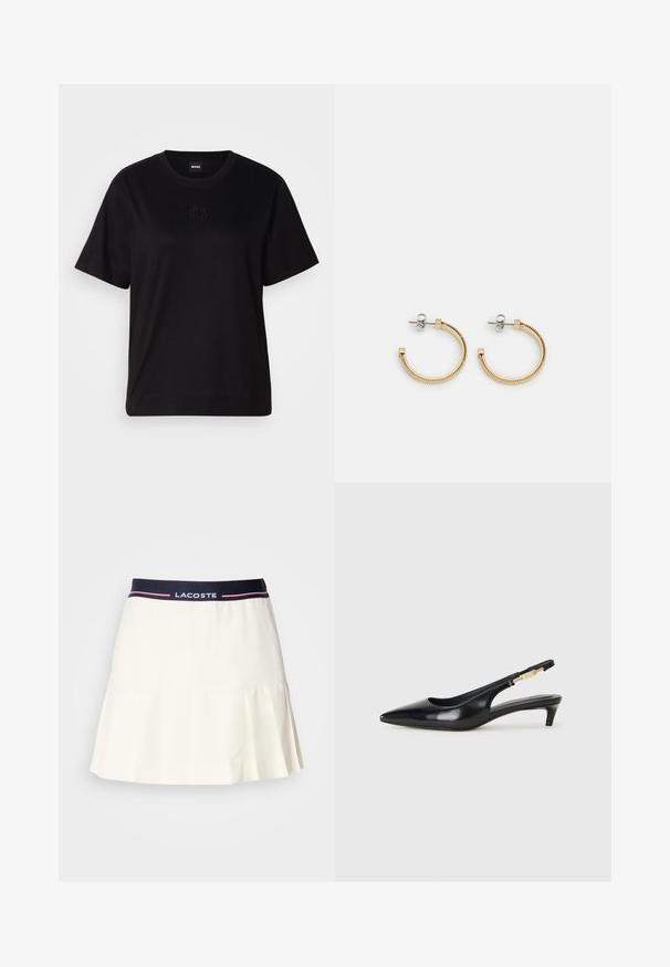 T-shirt en coton noir avec un col rond, des manches courtes et un logo brodé sur la poitrine. Coupe simple et décontractée sans motifs.; Jupe plissée blanche avec une ceinture marine arborant un logo Lacoste et des accents rouges. Fabriquée dans un matériau lisse et doux.; Talons hauts en cuir noir avec un bout pointu, dotés d'un talon fin et d'un accent en ton or sur la lanière réglable. Texture lisse.; Boucles d'oreilles en or avec un design en corde torsadée, tiges en argent et accents carrés. Fini métallique lisse avec un look poli.