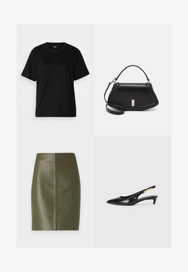 Fekete pamut póló kerek nyakkivágással, rövid ujjakkal és hímzett logóval a mellkasán. Egyszerű, laza szabás, minta nélkül.; Olívazöld bőr mini szoknya sima felülettel, egyszerű kialakítással és egy középső varrással a hátsó részen.; Fekete bőr slingback magassarkúk, hegyes orral, vékony sarkakkal és arany színű részlettel a állítható pánton. Simа felület.; Fekete bőr kézitáska, strukturált dizájnnal, rövidített formával, felső fogantyúval és arany színű kiegészítőkkel. Állítható vállpánt is tartozik hozzá.
