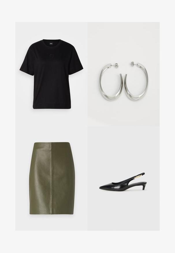 Svart bomull T-skjorte med rund hals, korte ermer og et brodert logo på brystet. Enkel, avslappet passform uten mønstre.; Olivenfarget skinnminiskjørt med en jevn tekstur, med et enkelt design og en sentral søm som går nedover baksiden.; Sorte lærreim hæler med spiss tå, som har en slank hæl og en gullfarget detalj på den justerbare stroppen. Glatt tekstur.; Sølvøreringer med en jevn, buet design. Har en blank metallisk finish og en studlås. Ingen synlige mønstre eller aksenter.