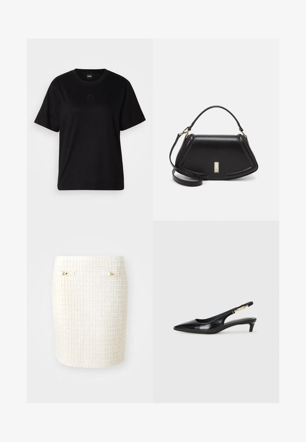 T-shirt en coton noir avec un col rond, des manches courtes et un logo brodé sur la poitrine. Coupe simple et décontractée sans motifs.; Jupe tweed blanche avec un motif texturé, coupe près du corps et détails en métal doré, dotée de deux attaches latérales.; Talons hauts en cuir noir avec un bout pointu, dotés d'un talon fin et d'un accent en ton or sur la lanière réglable. Texture lisse.; Sac à main en cuir noir avec un design structuré, featuring une forme cropped, une poignée supérieure et des accents en matériel doré. Bandoulière réglable incluse.