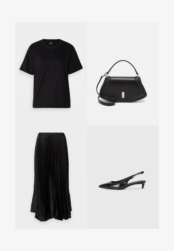 Fekete pamut póló kerek nyakkivágással, rövid ujjakkal és hímzett logóval a mellkasán. Egyszerű, laza szabás, minta nélkül.; Fekete plissettelt szoknya, amely laza sziluettel, elasztikus derékpánttal és sima textúrával rendelkezik, a vádli közepéig ér, oldalsó hasítékokkal.; Fekete bőr slingback magassarkúk, hegyes orral, vékony sarkakkal és arany színű részlettel a állítható pánton. Simа felület.; Fekete bőr kézitáska, strukturált dizájnnal, rövidített formával, felső fogantyúval és arany színű kiegészítőkkel. Állítható vállpánt is tartozik hozzá.