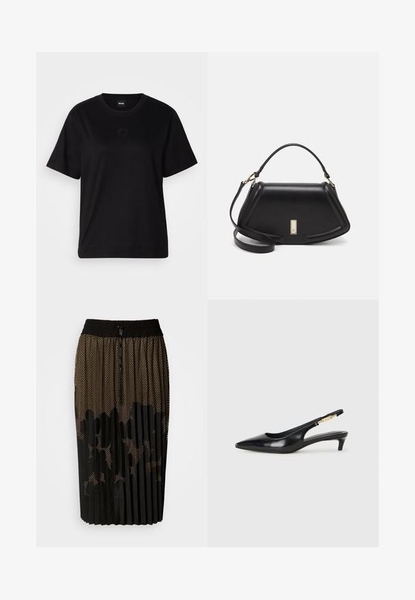 Zwarte katoenen t-shirt met een ronde hals, korte mouwen en een geborduurd logo op de borst. Eenvoudige, comfortabele pasvorm zonder patronen.; Zwarte geplisseerde rok met een netoverlay met een stippenpatroon, elastische tailleband met trekkoord en een middellange snit.; Zwarte leren slingback hakken met een spitse neus, voorzien van een slanke hak en een goudkleurige accent op de verstelbare band. Gladde textuur.; Zwarte leren handtas met een gestructureerd ontwerp, featuring een verkorte vorm, bovenhandvat en gouden hardwareaccent. Inclusief verstelbare schouderband.