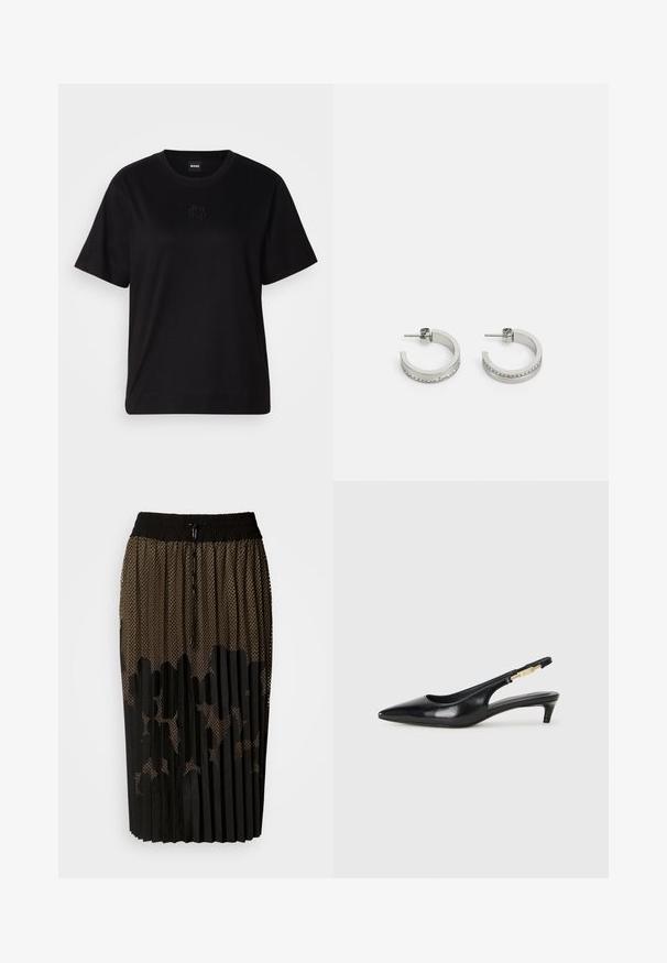 T-shirt en coton noir avec un col rond, des manches courtes et un logo brodé sur la poitrine. Coupe simple et décontractée sans motifs.; Jupe plissée noire avec une superposition en maille ornée d'un motif à pois, taille élastique avec cordon de serrage et coupe mi-longue.; Talons hauts en cuir noir avec un bout pointu, dotés d'un talon fin et d'un accent en ton or sur la lanière réglable. Texture lisse.; Boucles d'oreilles en argent en forme de créoles présentant une surface lisse et une rangée de petites pierres claires le long du bord inférieur, avec une fermeture à tige.