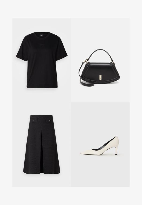 Black cotton t-shirt with a crew neckline, short sleeves, and an embroidered logo on the chest. Simple, relaxed fit with no patterns.; Black knee-length skirt with a textured fabric, front split, and two metallic accents at the waist. Features a clean, tailored design.; White patent leather high-heeled pump with a pointed toe, slim heel, and black interior detailing. Smooth texture and sleek design.; Black leather handbag with a structured design, featuring a cropped shape, top handle, and gold hardware accent. Adjustable shoulder strap included.