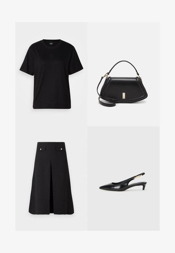 T-shirt negru din bumbac, cu guler rotund, mâneci scurte și un logo brodat pe piept. Design simplu, cu o croială relaxată și fără modele.; Fustă neagră până la genunchi, dintr-un material texturat, cu o deschidere frontală și două accente metalice la talie. Prezintă un design curat și bine croit.; Sandale slingback din piele neagră cu vârf ascuțit, având un toc subțire și un accent de culoare aurie pe curea ajustabilă. Textură netedă.; Geantă de umăr din piele neagră, cu un design structurat, având o formă tăiată, mânere superioare și accente din aur. Include o curea de umăr ajustabilă.