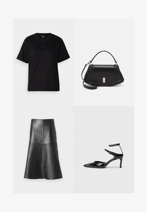 Camiseta de algodón negra con cuello redondo, mangas cortas y un logo bordado en el pecho. Ajuste simple y relajado sin patrones.; Falda de cuero negra en corte A con costuras y una textura lisa, que se estrecha hacia el dobladillo. Diseño simple sin adornos adicionales.; Tacones de charol negros con puntera puntiaguda, correas ajustables en el tobillo y un tacón delgado. Textura suave con un acabado brillante.; Bolso de mano de cuero negro con un diseño estructurado, que presenta una forma recortada, asa superior y acentos en dorado. Correa de hombro ajustable incluida.