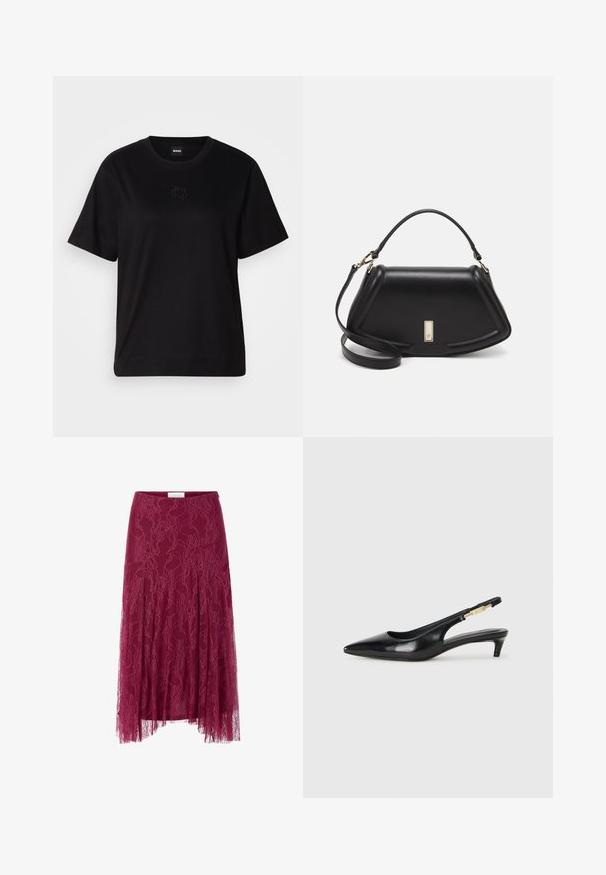 Sort bomulds t-shirt med rund halsudskæring, korte ærmer og et broderet logo på brystet. Enkel, afslappet pasform uden mønstre.; Bordeaux blondekjole med blomstermønster, gennemsigtig stofoverlæg og plisseret design. Har en tætsiddende talje og en svajende silhuet.; Sorte læder slingback hæle med spids tå, der har en slank hæl og en guldfarvet detalje på den justerbare rem. Glat tekstur.; Sort læderhåndtaske med en struktureret design, der har en kortet form, tophåndtag og guld hardware-accenter. Justerbar skulderrem inkluderet.