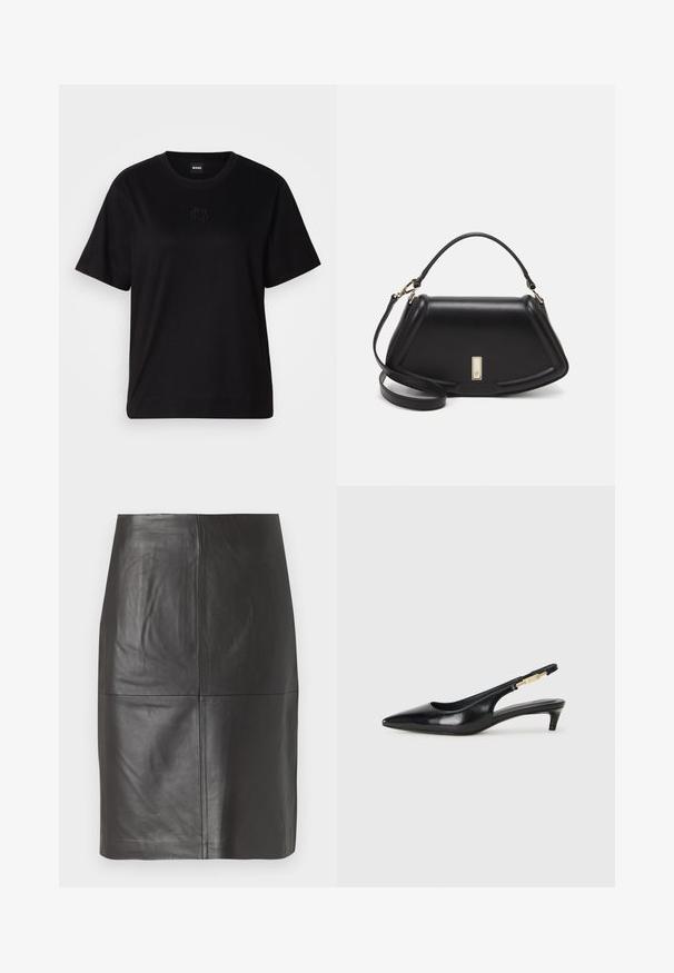 Čierne bavlnené tričko s okrúhlym výstrihom, krátkymi rukávmi a vyšívaným logom na hrudi. Jednoduchý, voľný strih bez vzorov.; Čierna kožená sukňa s hladkým povrchom, s vertikálnymi švami a rovnostranným strihom. Bez viditeľného kovania alebo prvkov dekorácie.; Čierne kožené slingback opätky s špicatou špičkou, s úzkym opätkom a zlatým detailom na nastaviteľnom remienku. Hladká textúra.; Čierna kožená kabelka so štruktúrovaným dizajnom, s krátkym tvarom, hornou rúčkou a zlatými prvkami. Súčasťou je nastaviteľný ramenný popruh.
