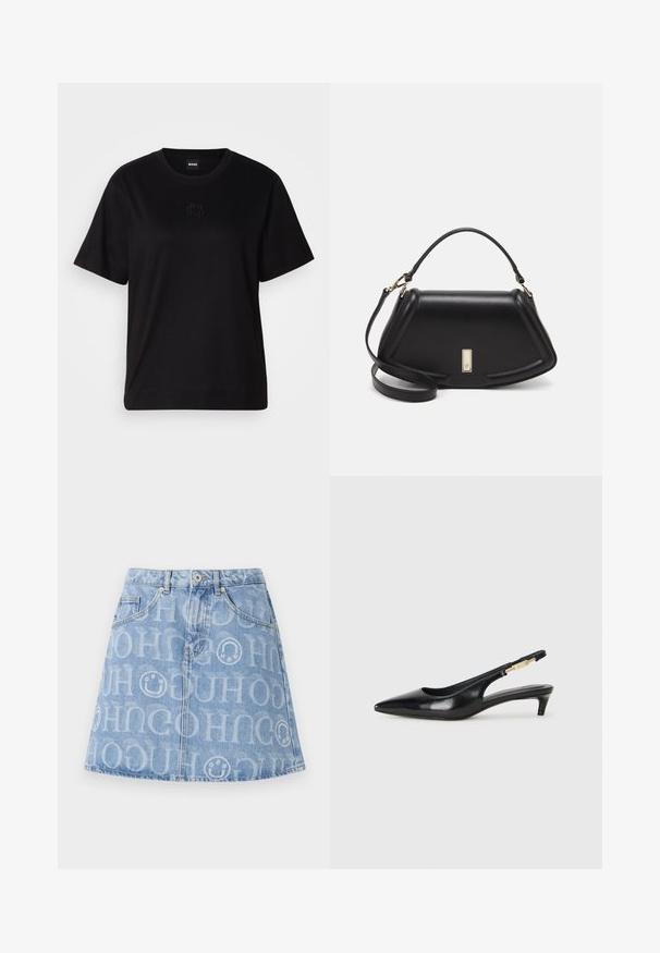 Crna pamučna majica s okruglim izrezom, kratkim rukavima i izvezenim logotipom na prsima. Jednostavan, opušten kroj bez uzorka.; Svijetloplava traper suknja s ponavljajućim uzorkom logotipa po cijeloj površini, dizajnom s pet džepova i lepršavim siluetom s vidljivim pojasom.; Crne kožne sandale s petom, s izduženim vrhom, imaju usku petu i zlatni akcent na podesivoj traci. Glatka tekstura.; Crna kožna torba s strukturiranim dizajnom, s krojenim oblikom, gornjom drškom i zlatnim detaljima. Uključena je podesiva ramena traka.