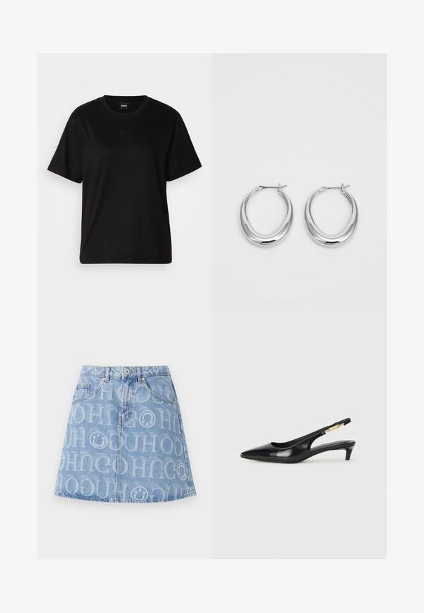 Schwarzes Baumwoll-T-Shirt mit Rundhalsausschnitt, kurzen Ärmeln und aufgesticktem Logo auf der Brust. Einfacher, lässiger Schnitt ohne Muster.; Hellblaue Jeansrock mit einem durchgehenden, wiederholten Logomuster, Fünf-Taschen-Design und ausgestellter Silhouette mit sichtbarem Bund.; Schwarze Leder-Slingback-Pumps mit spitzem Schuhblatt, ausgestattet mit einem schlanken Absatz und einem goldfarbigen Akzent am verstellbaren Riemen. Glatte Textur.; Ein Paar polierte silberne Halbmond-Ohrringe mit Scharnierverschlüssen auf einem weißen Hintergrund.