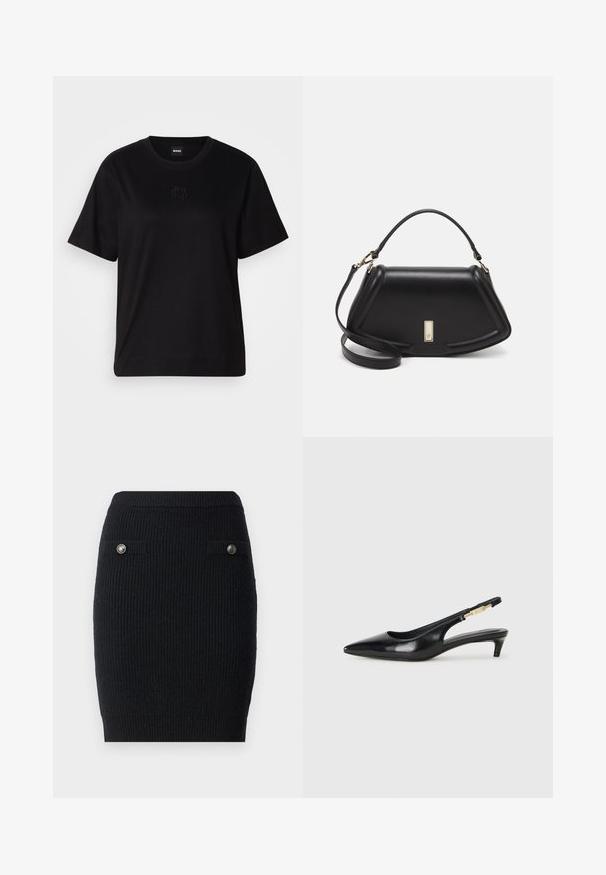 Fekete pamut póló kerek nyakkivágással, rövid ujjakkal és hímzett logóval a mellkasán. Egyszerű, laza szabás, minta nélkül.; Fekete kötött szoknya, karcsúsított fazonnal, két elülső zsebbel és fémből készült gombokkal a zsebhajtókon. Texturált anyag.; Fekete bőr slingback magassarkúk, hegyes orral, vékony sarkakkal és arany színű részlettel a állítható pánton. Simа felület.; Fekete bőr kézitáska, strukturált dizájnnal, rövidített formával, felső fogantyúval és arany színű kiegészítőkkel. Állítható vállpánt is tartozik hozzá.