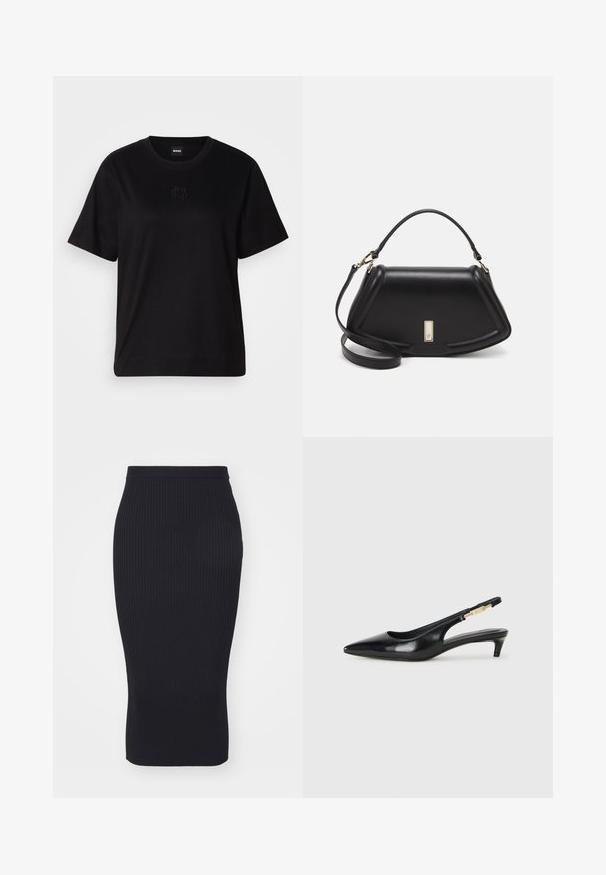 Μαύρο βαμβακερό μπλουζάκι με στρογγυλή λαιμόκοψη, κοντά μανίκια και κεντημένο λογότυπο στο στήθος. Απλή, χαλαρή γραμμή χωρίς σχέδια.; Μαύρη ριμπ πλέξη μίντι φούστα με εφαρμοστό στυλ και λείο ελαστικό μέση. Υφασμάτινη υφή προσθέτει οπτικό ενδιαφέρον.; Μαύρες δερμάτινες γόβες slingback με μυτερή μύτη, διαθέτοντας λεπτό τακούνι και χρυσή λεπτομέρεια στην ρυθμιζόμενη λωρίδα. Λείος υφές.; Μαύρη δερμάτινη τσάντα με δομημένο σχέδιο, που διαθέτει κομμένο σχήμα, επάνω λαβή και χρυσά μεταλλικά στοιχεία. Περιλαμβάνει ρυθμιζόμενο λουρί ώμου.