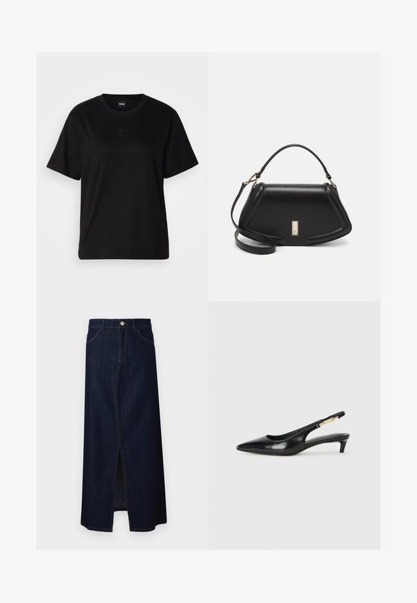 T-shirt negru din bumbac, cu guler rotund, mâneci scurte și un logo brodat pe piept. Design simplu, cu o croială relaxată și fără modele.; Fustă maxi din denim închis, cu o deschidere frontală, având cinci buzunare, fermoar și accente de cusătură contrastante.; Sandale slingback din piele neagră cu vârf ascuțit, având un toc subțire și un accent de culoare aurie pe curea ajustabilă. Textură netedă.; Geantă de umăr din piele neagră, cu un design structurat, având o formă tăiată, mânere superioare și accente din aur. Include o curea de umăr ajustabilă.