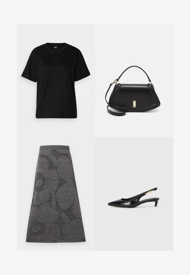 Schwarzes Baumwoll-T-Shirt mit Rundhalsausschnitt, kurzen Ärmeln und aufgesticktem Logo auf der Brust. Einfacher, lässiger Schnitt ohne Muster.; Grauer, knielanger Rock mit einer strukturierten, glitzernden Oberfläche. Verfügt über ein dezentes dunkles Muster. A-Linie Design mit einem taillierten Bund.; Schwarze Leder-Slingback-Pumps mit spitzem Schuhblatt, ausgestattet mit einem schlanken Absatz und einem goldfarbigen Akzent am verstellbaren Riemen. Glatte Textur.; Schwarze Lederhandtasche mit einem strukturierten Design, das eine verkürzte Form, einen oberen Griff und goldfarbene Hardware-Details aufweist. Verstellbarer Schulterriemen ist enthalten.