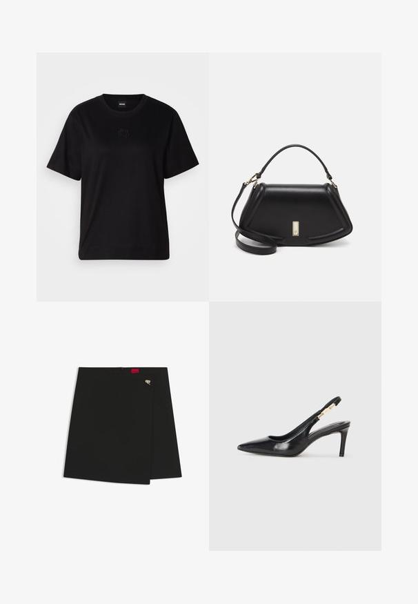 Camiseta de algodón negra con cuello redondo, mangas cortas y un logo bordado en el pecho. Ajuste simple y relajado sin patrones.; Falda envolvente negra con una textura suave, que presenta una etiqueta de logo roja y un acento de metal plateado. Diseño sencillo con un corte limpio.; Zapato de tacón alto de cuero negro con tirante trasero, punta afilada, textura suave y una correa estrecha en el tobillo con acentos de hardware dorado.; Bolso de mano de cuero negro con un diseño estructurado, que presenta una forma recortada, asa superior y acentos en dorado. Correa de hombro ajustable incluida.