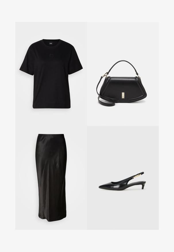 Fekete pamut póló kerek nyakkivágással, rövid ujjakkal és hímzett logóval a mellkasán. Egyszerű, laza szabás, minta nélkül.; Fekete selyemszoknya sima textúrával. Padlót súroló hosszúságú, testhez simuló derékrésszel és enyhe bővüléssel az alján. Nincsenek látható minták vagy fémrészek.; Fekete bőr slingback magassarkúk, hegyes orral, vékony sarkakkal és arany színű részlettel a állítható pánton. Simа felület.; Fekete bőr kézitáska, strukturált dizájnnal, rövidített formával, felső fogantyúval és arany színű kiegészítőkkel. Állítható vállpánt is tartozik hozzá.