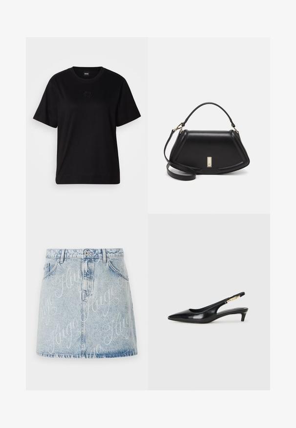 Fekete pamut póló kerek nyakkivágással, rövid ujjakkal és hímzett logóval a mellkasán. Egyszerű, laza szabás, minta nélkül.; Világoskék farmer szoknya, elhalványodott mosással, elülső gombos záródással és a teljes felületet borító "Hugo" logó mintával. Öt zsebes stílus.; Fekete bőr slingback magassarkúk, hegyes orral, vékony sarkakkal és arany színű részlettel a állítható pánton. Simа felület.; Fekete bőr kézitáska, strukturált dizájnnal, rövidített formával, felső fogantyúval és arany színű kiegészítőkkel. Állítható vállpánt is tartozik hozzá.