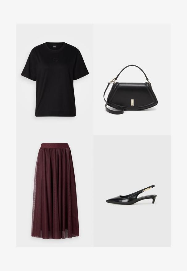 Svart bomull T-skjorte med rund hals, korte ermer og et brodert logo på brystet. Enkel, avslappet passform uten mønstre.; Mørk burgunder midi tulle skirt med en bred elastisk midje og lange dekorative sidesløyfer.; Sorte lærreim hæler med spiss tå, som har en slank hæl og en gullfarget detalj på den justerbare stroppen. Glatt tekstur.; Sort lærveske med en strukturert design, som har en avkortet form, topphåndtak og detaljer i gull. Justerbar skulderstropp inkludert.