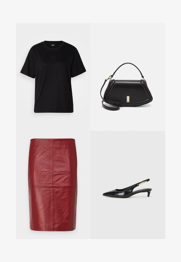 Čierne bavlnené tričko s okrúhlym výstrihom, krátkymi rukávmi a vyšívaným logom na hrudi. Jednoduchý, voľný strih bez vzorov.; 2nd Day JAYAN - Kožená sukňa - biking red; Čierne kožené slingback opätky s špicatou špičkou, s úzkym opätkom a zlatým detailom na nastaviteľnom remienku. Hladká textúra.; Čierna kožená kabelka so štruktúrovaným dizajnom, s krátkym tvarom, hornou rúčkou a zlatými prvkami. Súčasťou je nastaviteľný ramenný popruh.