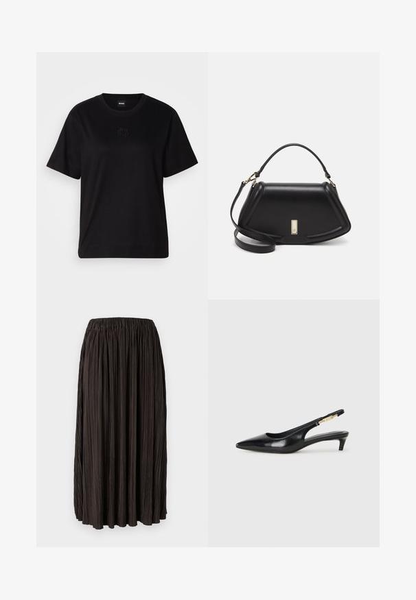 T-shirt en coton noir avec un col rond, des manches courtes et un logo brodé sur la poitrine. Coupe simple et décontractée sans motifs.; Jupe plissée noire avec une taille élastique, fabriquée en tissu léger. Elle présente des plis verticaux sur toute la surface, sans accents supplémentaires.; Talons hauts en cuir noir avec un bout pointu, dotés d'un talon fin et d'un accent en ton or sur la lanière réglable. Texture lisse.; Sac à main en cuir noir avec un design structuré, featuring une forme cropped, une poignée supérieure et des accents en matériel doré. Bandoulière réglable incluse.