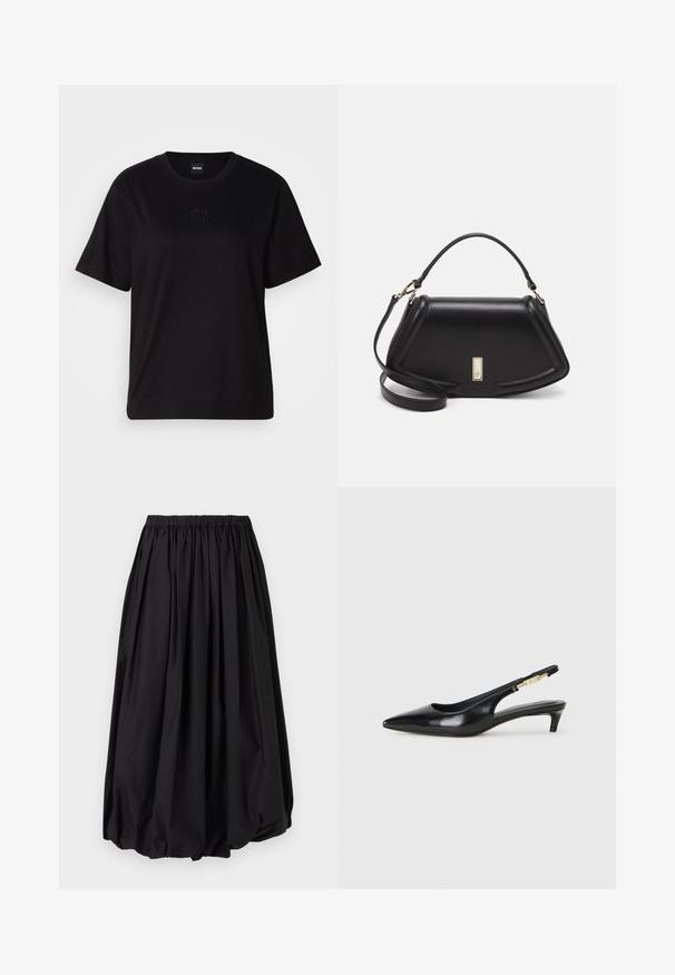 Μαύρο βαμβακερό μπλουζάκι με στρογγυλή λαιμόκοψη, κοντά μανίκια και κεντημένο λογότυπο στο στήθος. Απλή, χαλαρή γραμμή χωρίς σχέδια.; Μαύρη φούστα μέχρι το γόνατο με ελαστική μέση, διαθέτει όγκο σε σχήμα φυσαλίδας και απαλό, ελαφρύ ύφασμα.; Μαύρες δερμάτινες γόβες slingback με μυτερή μύτη, διαθέτοντας λεπτό τακούνι και χρυσή λεπτομέρεια στην ρυθμιζόμενη λωρίδα. Λείος υφές.; Μαύρη δερμάτινη τσάντα με δομημένο σχέδιο, που διαθέτει κομμένο σχήμα, επάνω λαβή και χρυσά μεταλλικά στοιχεία. Περιλαμβάνει ρυθμιζόμενο λουρί ώμου.