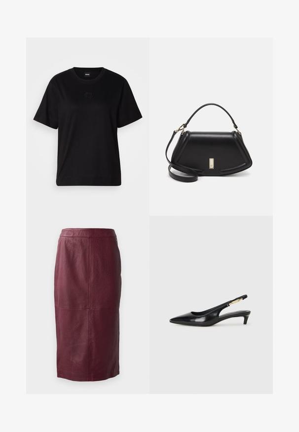 Musta puuvillapaita, jossa on pyöreä kaula-aukko, lyhyet hihat ja brodeerattu logo rinnassa. Yksinkertainen, rento istuvuus ilman kuvioita.; Burgundy nahkahame, jossa on sileä pinta, polven pituinen malli ja hienovaraiset ompeluyksityiskohdat. Ei näkyviä kiinnityksiä.; Mustat nahkaiset slingback-korkokengät, joissa on terävä kärki, ohuet korot ja kultasävytteinen yksityiskohta säädettävässä hihnassa. Silkkinen pinta.; Mustalla nahkalaukulla, jossa on jämäkkä muotoilu, lyhyt malli, yläkahva ja kultaiset yksityiskohdat. Säädettävä olkahihna sisältyy.