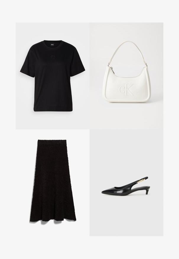 Maglietta in cotone nera con scollatura tonda, maniche corte e logo ricamato sul petto. Design semplice e vestibilità rilassata senza motivi.; Gonna nera in tessuto morbido e fluffy, con una forma a A e orlo grezzo. La texture sembrano morbida e accogliente, adatta per un look casual o per essere indossata a strati.; Tacchi slingback in pelle nera con punta affusolata, caratterizzati da un tacco alto e un accento dorato sulla cinghia regolabile. Texture liscia.; Borsa a tracolla in pelle bianca con forma curva, dotata di un logo "CK" impresso sul davanti e una singola tracolla. Chiusura a zip nella parte superiore.