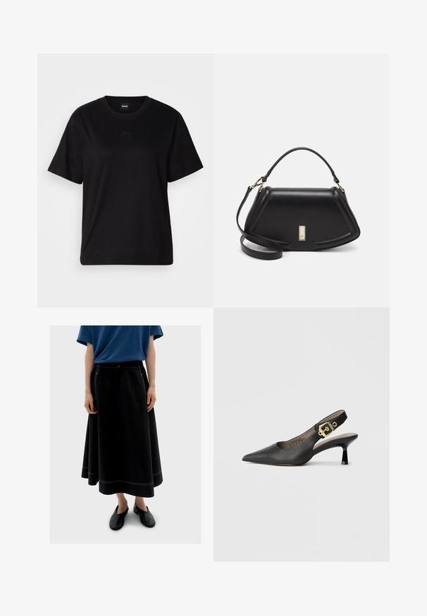 T-shirt en coton noir avec un col rond, des manches courtes et un logo brodé sur la poitrine. Coupe simple et décontractée sans motifs.; Jupe longue noire avec des coutures blanches visibles, associée à un haut bleu à manches courtes et des chaussures noires. Le matériau semble doux et fluide.; Chaussure à talon haut noire à bride arrière, avec un bout pointu, une texture en cuir lisse et une accent de boucle dorée sur la bride.; Sac à main en cuir noir avec un design structuré, featuring une forme cropped, une poignée supérieure et des accents en matériel doré. Bandoulière réglable incluse.