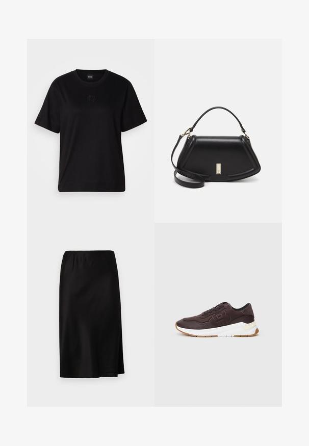 T-shirt en coton noir avec un col rond, des manches courtes et un logo brodé sur la poitrine. Coupe simple et décontractée sans motifs.; Jupe en satin noir avec une taille élastique, dotée d'une fente sur le côté pour faciliter les mouvements et d'une texture lisse et brillante.; Baskets marron foncé avec doublure noire, logo en relief sur le côté, semelle épaisse blanche et semelle en caoutchouc couleur caramel sur un fond uni.; Sac à main en cuir noir avec un design structuré, featuring une forme cropped, une poignée supérieure et des accents en matériel doré. Bandoulière réglable incluse.
