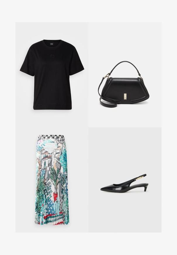 Schwarzes Baumwoll-T-Shirt mit Rundhalsausschnitt, kurzen Ärmeln und aufgesticktem Logo auf der Brust. Einfacher, lässiger Schnitt ohne Muster.; Plissierter langer Rock mit einem bunten Druck, der architektonische Elemente, tropische Pflanzen und markante Akzente in Rot und Türkis zeigt.; Schwarze Leder-Slingback-Pumps mit spitzem Schuhblatt, ausgestattet mit einem schlanken Absatz und einem goldfarbigen Akzent am verstellbaren Riemen. Glatte Textur.; Schwarze Lederhandtasche mit einem strukturierten Design, das eine verkürzte Form, einen oberen Griff und goldfarbene Hardware-Details aufweist. Verstellbarer Schulterriemen ist enthalten.
