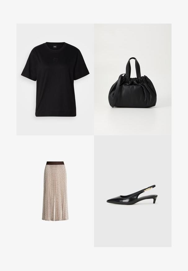 Schwarzes Baumwoll-T-Shirt mit Rundhalsausschnitt, kurzen Ärmeln und aufgesticktem Logo auf der Brust. Einfacher, lässiger Schnitt ohne Muster.; Beige Midikleid mit Falten und subtilen geometrischen Mustern sowie einem dunklen Taillengürtel mit eingeprägtem "JOOP!"-Logo.; Schwarze Leder-Slingback-Pumps mit spitzem Schuhblatt, ausgestattet mit einem schlanken Absatz und einem goldfarbigen Akzent am verstellbaren Riemen. Glatte Textur.; Schwarze Lederhandtasche mit einem gerafften Oberteil, ausgestattet mit zwei kurzen Griffen und einem langen verstellbaren Schulterriemen. Glatte Textur, runde Form.