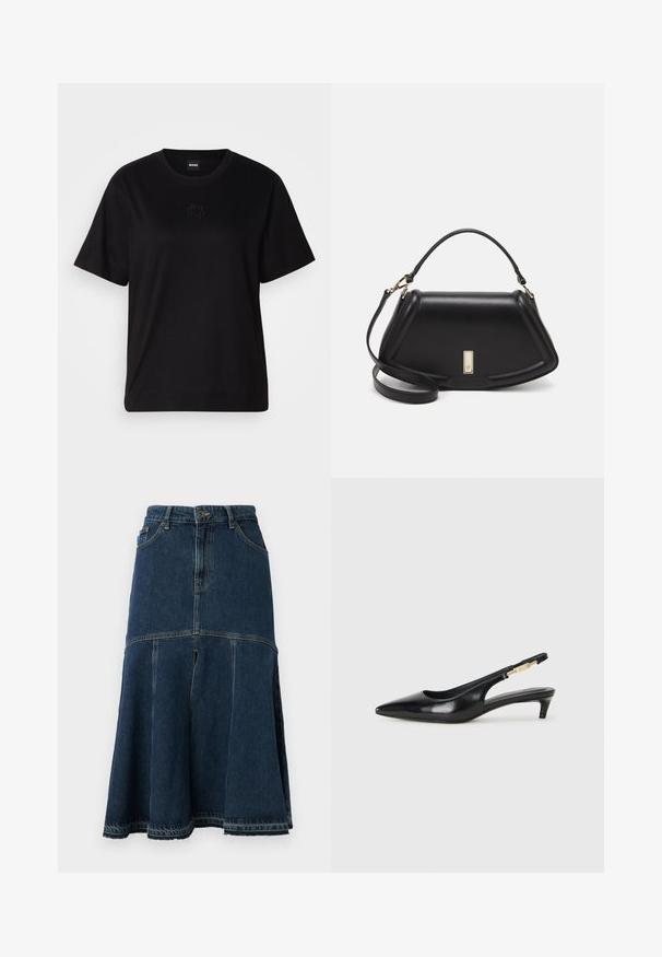 Fekete pamut póló kerek nyakkivágással, rövid ujjakkal és hímzett logóval a mellkasán. Egyszerű, laza szabás, minta nélkül.; Sötétkék farmer szoknya, bővülő fazonnal, magas derékkal, elől zsebekkel és nyers szegéllyel. Koptatott textúra és varrási részletek jellemzik.; Fekete bőr slingback magassarkúk, hegyes orral, vékony sarkakkal és arany színű részlettel a állítható pánton. Simа felület.; Fekete bőr kézitáska, strukturált dizájnnal, rövidített formával, felső fogantyúval és arany színű kiegészítőkkel. Állítható vállpánt is tartozik hozzá.