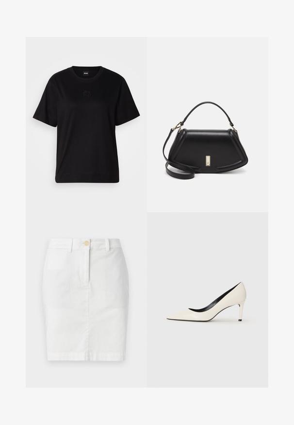 Schwarzes Baumwoll-T-Shirt mit Rundhalsausschnitt, kurzen Ärmeln und aufgesticktem Logo auf der Brust. Einfacher, lässiger Schnitt ohne Muster.; Weißer Baumwoll-Bleistiftrock mit einer Knopfleiste vorne, Gürtelschlaufen und glatter Textur. Minimalistisches Design, knielang.; Weiße Lackleder-Pump mit hohen Absätzen, spitzem Zehenbereich, schlankem Absatz und schwarzer Innenausstattung. Glatte Textur und elegantes Design.; Schwarze Lederhandtasche mit einem strukturierten Design, das eine verkürzte Form, einen oberen Griff und goldfarbene Hardware-Details aufweist. Verstellbarer Schulterriemen ist enthalten.