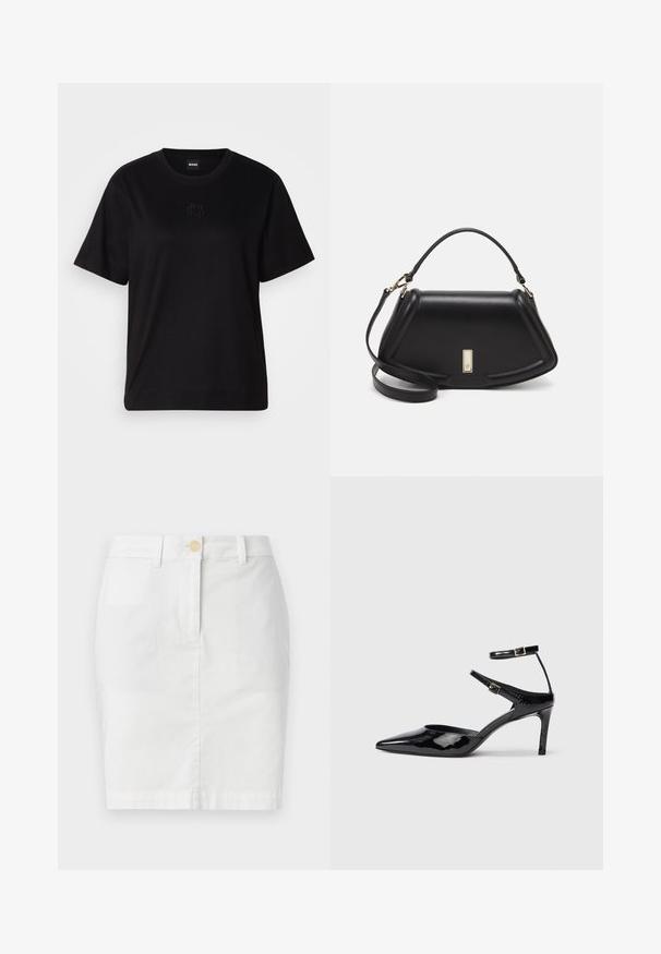 Čierne bavlnené tričko s okrúhlym výstrihom, krátkymi rukávmi a vyšívaným logom na hrudi. Jednoduchý, voľný strih bez vzorov.; Biely bavlnený ceruzkový sukňa s predným zapínaním na gombík, pútka na opasok a hladkou textúrou. Minimalistický dizajn, dĺžka po kolená.; Čierne lakované lodičky s ostrou špicou, nastaviteľnými členkovými popruhmi a štíhlým podpätkom. Hladký povrch s lesklým finišom.; Čierna kožená kabelka so štruktúrovaným dizajnom, s krátkym tvarom, hornou rúčkou a zlatými prvkami. Súčasťou je nastaviteľný ramenný popruh.