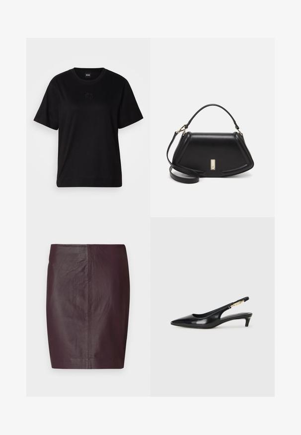 T-shirt en coton noir avec un col rond, des manches courtes et un logo brodé sur la poitrine. Coupe simple et décontractée sans motifs.; Jupe en cuir bordeaux foncé avec une texture lisse, un design ajusté et une silhouette droite. Présente des coutures minimales et aucun matériel visible.; Talons hauts en cuir noir avec un bout pointu, dotés d'un talon fin et d'un accent en ton or sur la lanière réglable. Texture lisse.; Sac à main en cuir noir avec un design structuré, featuring une forme cropped, une poignée supérieure et des accents en matériel doré. Bandoulière réglable incluse.