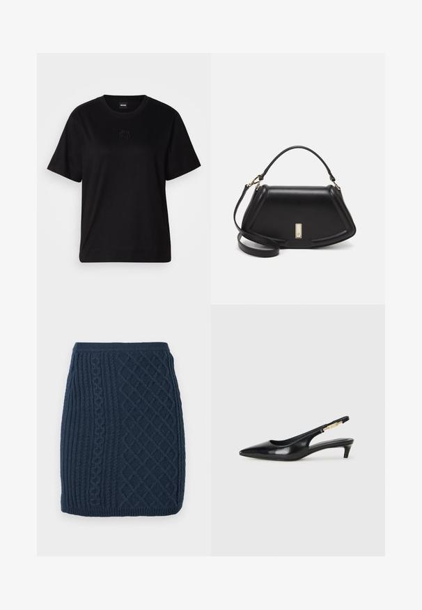 Czarny bawełniany t-shirt z okrągłym dekoltem, krótkimi rękawami i haftowanym logo na piersi. Prosty, luźny krój bez wzorów.; Granatowa, dziana mini spódniczka z prążkowanym i warkoczowym wzorem, o fakturowanym wykończeniu i dopasowanej talii.; Czarne skórzane szpilki typu slingback z ostrym noskiem, posiadające smukły obcas i złoty akcent na regulowanym pasku. Gładka tekstura.; Czarna skórzana torebka o strukturalnym designie, z przyciętą formą, górnym uchwytem i złotymi akcentami. W zestawie regulowany pasek na ramię.