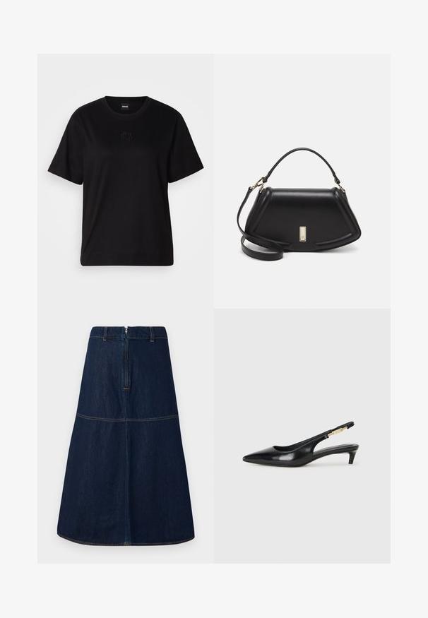 Black cotton t-shirt with a crew neckline, short sleeves, and an embroidered logo on the chest. Simple, relaxed fit with no patterns.; Dark denim A-line skirt with a mid-length cut, featuring a back zipper, contrasting gold stitching, and a horizontal seam detail.; Black leather slingback heels with a pointed toe, featuring a slim heel and a gold-tone accent on the adjustable strap. Smooth texture.; Black leather handbag with a structured design, featuring a cropped shape, top handle, and gold hardware accent. Adjustable shoulder strap included.