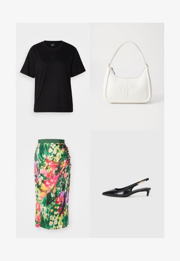 Svart bomull T-skjorte med rund hals, korte ermer og et brodert logo på brystet. Enkel, avslappet passform uten mønstre.; Blomstrete midi-skjørt med grønn midje, plisserte detaljer og et fargerikt blomstermønster med pene, lilla og gule accenter.; Sorte lærreim hæler med spiss tå, som har en slank hæl og en gullfarget detalj på den justerbare stroppen. Glatt tekstur.; Hvit lærveske med en buet fasong, med et preget "CK"-logo på forsiden og en enkel skulderstropp. Glidelåslukking på toppen.