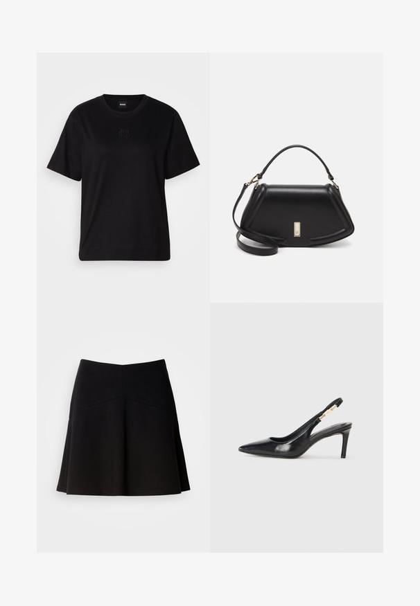 Črna bombažna majica s krožnim izrezom, kratkimi rokavi in izvezenim logotipom na prsih. Preprosta, sproščena silhueta brez vzorcev.; Črna široka krila, izdelana iz mehkega blaga, z oprijetim pasom in šivi. Gladka tekstura z enostavnim, klasičnim dizajnom.; Črne usnjene sandale na visoki peti s koničastim nosom, gladko teksturo in ožjim gležnjarjem, ki ima zlate kovinske dodatke.; Črna usnjena torbica s strukturnim dizajnom, ki ima skrajšano obliko, zgornji ročaj in zlate dodatke. Vključena je nastavljiva ramenska naramnica.