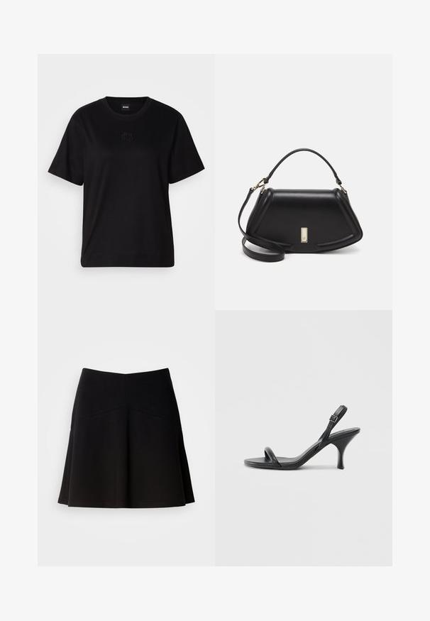 Svart bomullströja med rund halsringning, korta ärmar och en broderad logotyp på bröstet. Enkel, avslappnad passform utan mönster.; Svart utsvängd kjol i mjukt tyg, med en figursydd midja och sömdekorationer. Slät textur med en enkel, klassisk design.; Svarta läder högklackade sandaler med en smal, böjd klack och ett korsat remdesign. Justerbar ankelrem. Slät textur.; Svart läderhandväska med en strukturerad design, som har en avskuren form, ett handtag upptill och guldiga detaljer. Justerbar axelrem ingår.