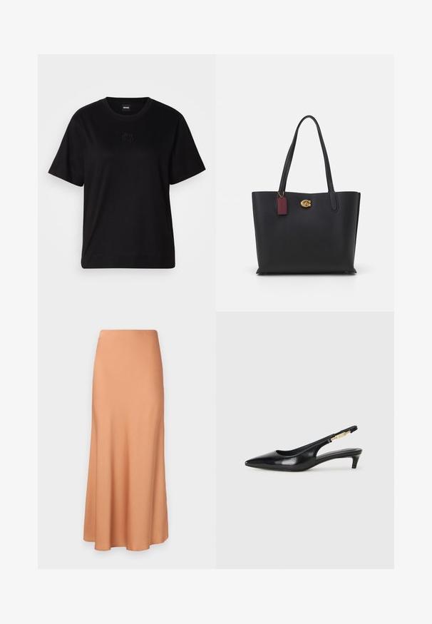 Black cotton t-shirt with a crew neckline, short sleeves, and an embroidered logo on the chest. Simple, relaxed fit with no patterns.; Long, flared skirt in a soft, peach fabric. Features a smooth, waistband and drapes gently to a tapered hem. No visible patterns or accents.; Black leather slingback heels with a pointed toe, featuring a slim heel and a gold-tone accent on the adjustable strap. Smooth texture.; Black leather tote bag with two long handles, textured finish, gold hardware, and a burgundy tag. Spacious design with an open top.