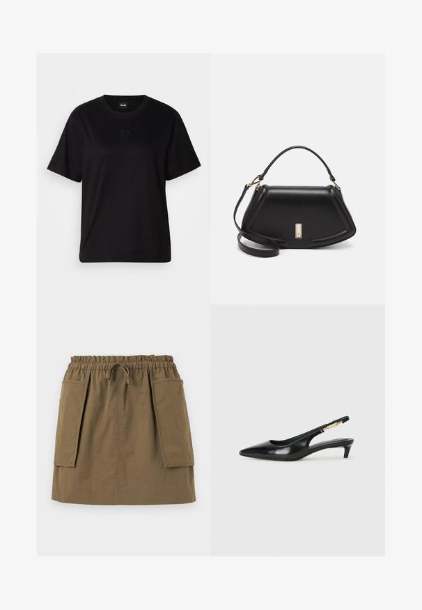 T-shirt negru din bumbac, cu guler rotund, mâneci scurte și un logo brodat pe piept. Design simplu, cu o croială relaxată și fără modele.; Fustă verde măsliniu, lungime până la genunchi, cu talie elastică, șnur și două buzunare laterale mari. Fabricată dintr-un material ușor, cu cusături vizibile.; Sandale slingback din piele neagră cu vârf ascuțit, având un toc subțire și un accent de culoare aurie pe curea ajustabilă. Textură netedă.; Geantă de umăr din piele neagră, cu un design structurat, având o formă tăiată, mânere superioare și accente din aur. Include o curea de umăr ajustabilă.