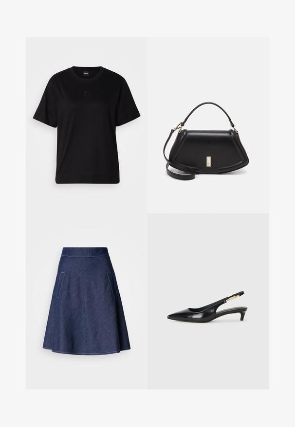 Svart bomull T-skjorte med rund hals, korte ermer og et brodert logo på brystet. Enkel, avslappet passform uten mønstre.; Mørkeblå denimskjørt med A-formet fasong, som har sidelommer, en glatt tekstur og kontrasterende hvit søm langs kanten.; Sorte lærreim hæler med spiss tå, som har en slank hæl og en gullfarget detalj på den justerbare stroppen. Glatt tekstur.; Sort lærveske med en strukturert design, som har en avkortet form, topphåndtak og detaljer i gull. Justerbar skulderstropp inkludert.