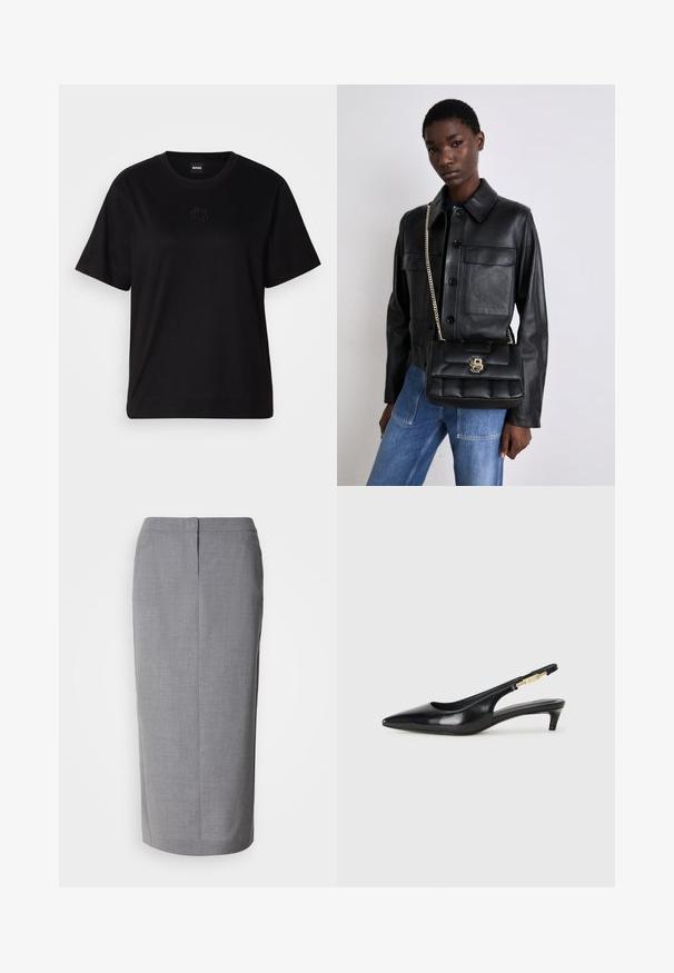 Svart bomull T-skjorte med rund hals, korte ermer og et brodert logo på brystet. Enkel, avslappet passform uten mønstre.; Grå blyantskjørt laget av teksturert stoff, med rett snitt, splitt bak og skjult glidelås lukking bak.; Sorte lærreim hæler med spiss tå, som har en slank hæl og en gullfarget detalj på den justerbare stroppen. Glatt tekstur.; Svart skinnjakke med knappelukking og to frontlommer, sammen med en svart kviltet håndveske med gullspenne og kjedehank.