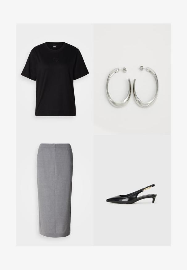 Črna bombažna majica s krožnim izrezom, kratkimi rokavi in izvezenim logotipom na prsih. Preprosta, sproščena silhueta brez vzorcev.; Siva svilen krilo, izdelano iz strukturirane tkanine, z ravnim rezom, zadnjim razporkom in skrito zadrgo na hrbtni strani.; Črne usnjene sandale na peto z ostro konico, ki imajo tanko peto in zlat ton na nastavljivem traku. Gladka tekstura.; Srebrni uhani v obliki obroča z gladkim, ukrivljenim oblikovanjem. Imajo sijajno kovinsko površino in zapiranje na žebljiček. Brez vidnih vzorcev ali dodatkov.