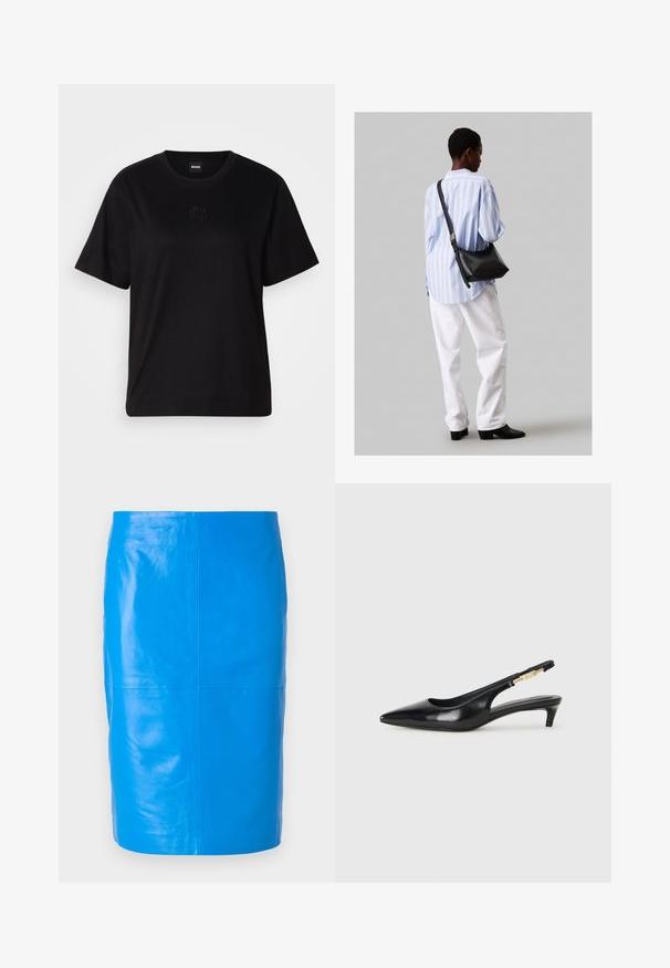 Svart bomull T-skjorte med rund hals, korte ermer og et brodert logo på brystet. Enkel, avslappet passform uten mønstre.; 2nd Day JAYAN - Skinnskjørt - skydiver; Sorte lærreim hæler med spiss tå, som har en slank hæl og en gullfarget detalj på den justerbare stroppen. Glatt tekstur.; Svart lær skulderveske med en myk tekstur, trekantet form og justerbar stropp, kombinert med en lyseblå stripete skjorte og hvite bukser.