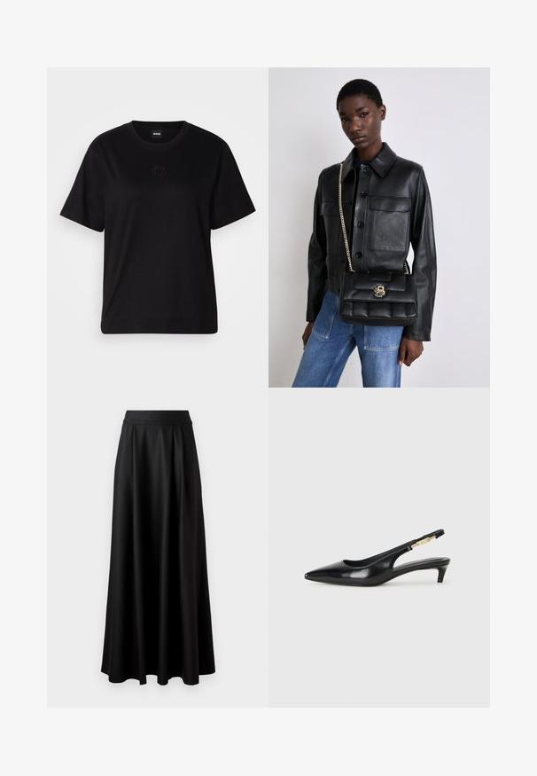 Zwarte katoenen t-shirt met een ronde hals, korte mouwen en een geborduurd logo op de borst. Eenvoudige, comfortabele pasvorm zonder patronen.; Zwarte rok tot op de vloer met een gladde textuur, brede tailleband en geplooid ontwerp, zonder zichtbare patronen of versieringen.; Zwarte leren slingback hakken met een spitse neus, voorzien van een slanke hak en een goudkleurige accent op de verstelbare band. Gladde textuur.; Zwarte leren jack met knoopsluiting en twee voorzakken, gecombineerd met een zwarte gevoerde handtas met een gouden sluiting en kettingriem.