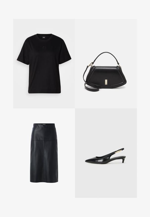 Sort bomulds t-shirt med rund halsudskæring, korte ærmer og et broderet logo på brystet. Enkel, afslappet pasform uden mønstre.; Sorte lædernederdel med en lige silhuet, der har en glat overflade, talje og detaljeret syning på frontpanelerne.; Sorte læder slingback hæle med spids tå, der har en slank hæl og en guldfarvet detalje på den justerbare rem. Glat tekstur.; Sort læderhåndtaske med en struktureret design, der har en kortet form, tophåndtag og guld hardware-accenter. Justerbar skulderrem inkluderet.