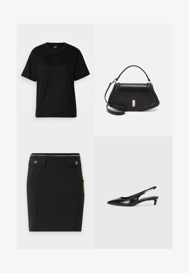 Fekete pamut póló kerek nyakkivágással, rövid ujjakkal és hímzett logóval a mellkasán. Egyszerű, laza szabás, minta nélkül.; Fekete, testhez simuló szoknya elülső zsebekkel, arany díszgombokkal és vékony arany láncból készült övvel, amely jobb oldalon bojt van.; Fekete bőr slingback magassarkúk, hegyes orral, vékony sarkakkal és arany színű részlettel a állítható pánton. Simа felület.; Fekete bőr kézitáska, strukturált dizájnnal, rövidített formával, felső fogantyúval és arany színű kiegészítőkkel. Állítható vállpánt is tartozik hozzá.