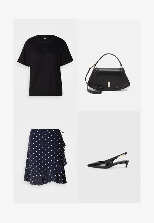 Camiseta de algodón negra con cuello redondo, mangas cortas y un logo bordado en el pecho. Ajuste simple y relajado sin patrones.; GANT DOT PRINT FRILL SKIRT - Falda cruzada - evening blue; Tacones negros de piel sintética tipo slingback con punta afilada, que cuentan con un tacón delgado y un detalle en tono dorado en la correa ajustable. Textura suave.; Bolso de mano de cuero negro con un diseño estructurado, que presenta una forma recortada, asa superior y acentos en dorado. Correa de hombro ajustable incluida.